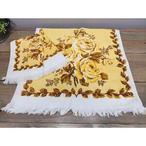 Vintage Cannon Bath Towel Washcloth Set MCM Retro Floral 70s USA